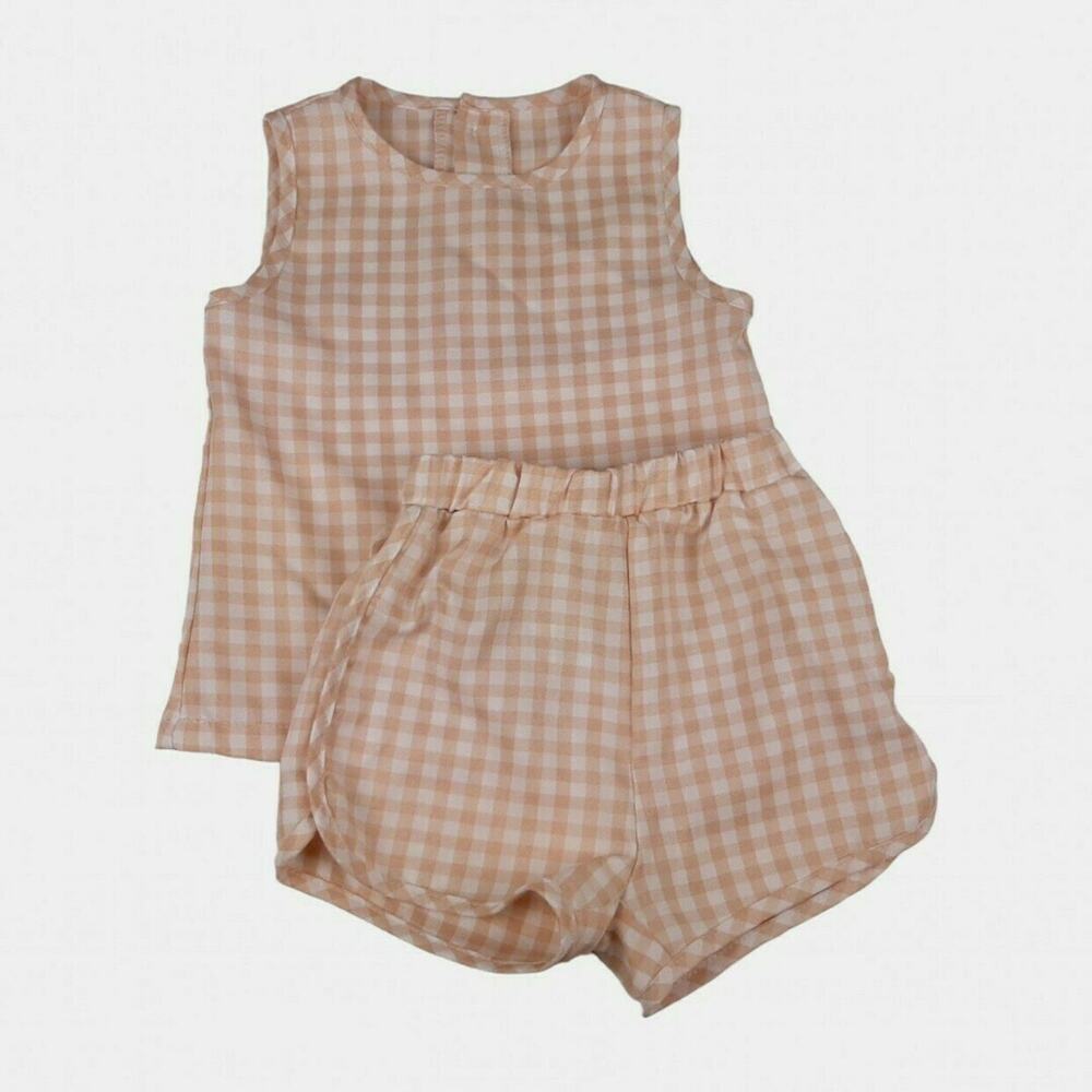 Shein Tan And White Checked Short Set